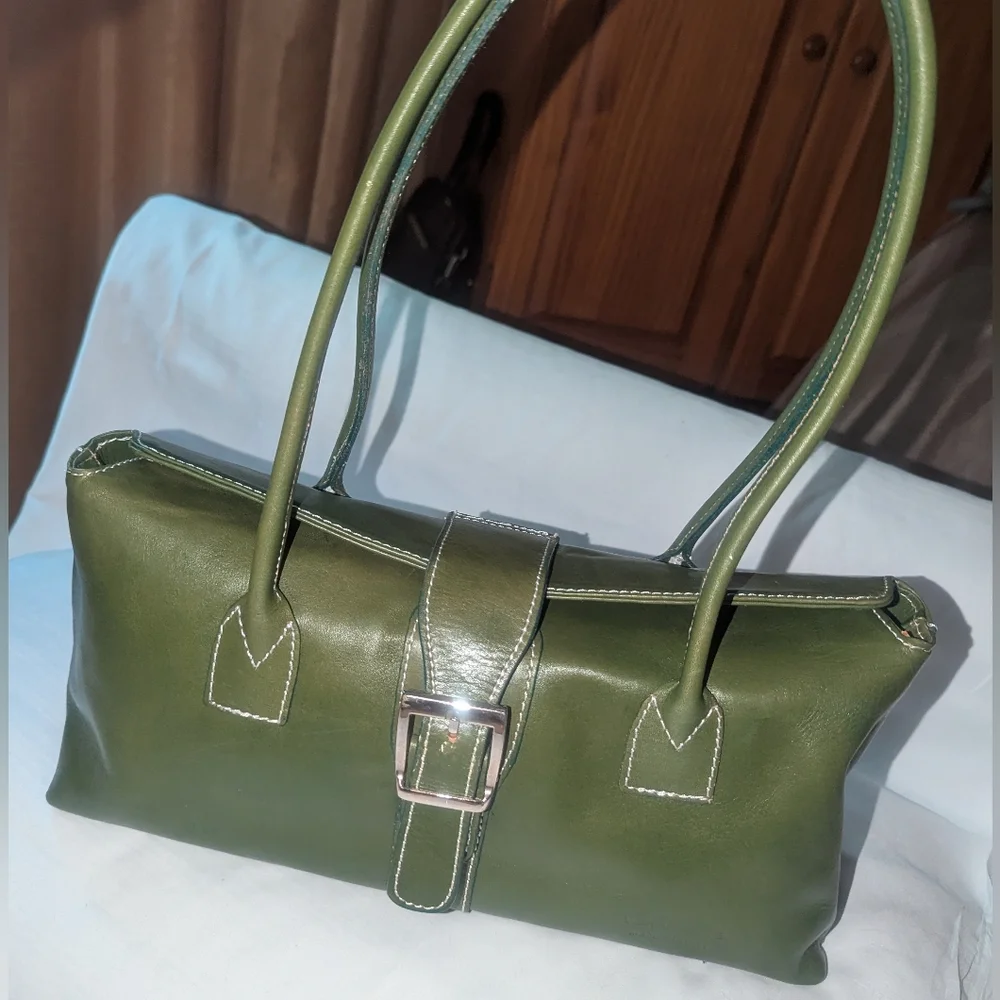Vera Pelle Green Leather Shoulder Bag.Made In Italy